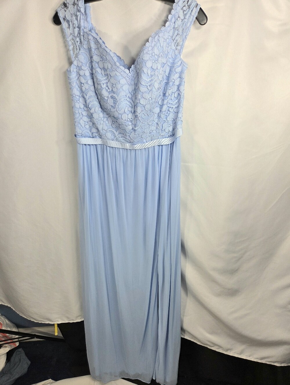 David's Bridal NWT Off the Shoulder Ice Blue Lace Bodice Evening Gown Size 10